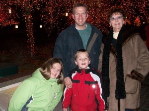 Seeing the lights at Temple Square, December 2008 Last year was our first "successful" holiday season with Samuel, here with his sister, me, and Nana