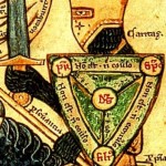 Detail of a manuscript illustration depicting a knight carrying the "Shield of the Trinity." (Wikpedia)
