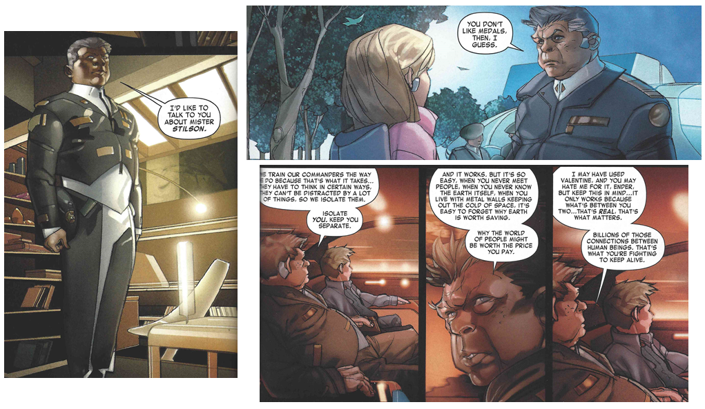 Graff as depicted at the beginning, middle,and near the end of the graphic novel adaptation of Ender's Game.
