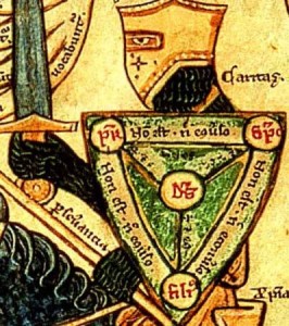 Detail of a manuscript illustration depicting a knight carrying the "Shield of the Trinity." (Wikpedia)