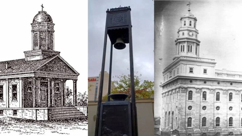 An image showing the Nauvoo Bell at Temple Square, the First Presbyterian Church, and the Nauvoo Temple