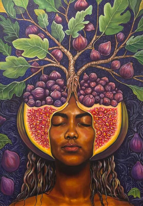 Depiction of Eve with a fig tree and fig fruit that is part of the Brave Like Eve exhibit.