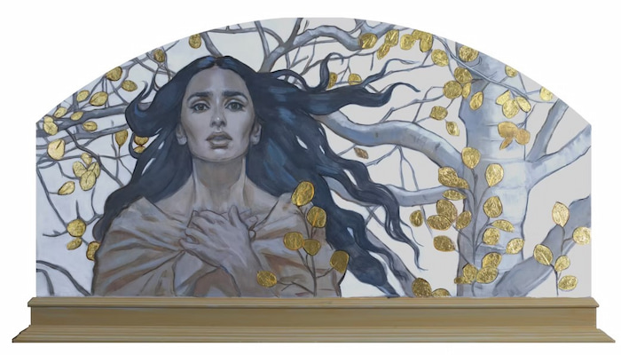 A painting of Eve with an autumn leaved aspen tree in the background that is part of the Brave Like Eve exhibit
