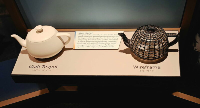 The Utah Teapot and wireframe on display in the Museum of Utah.