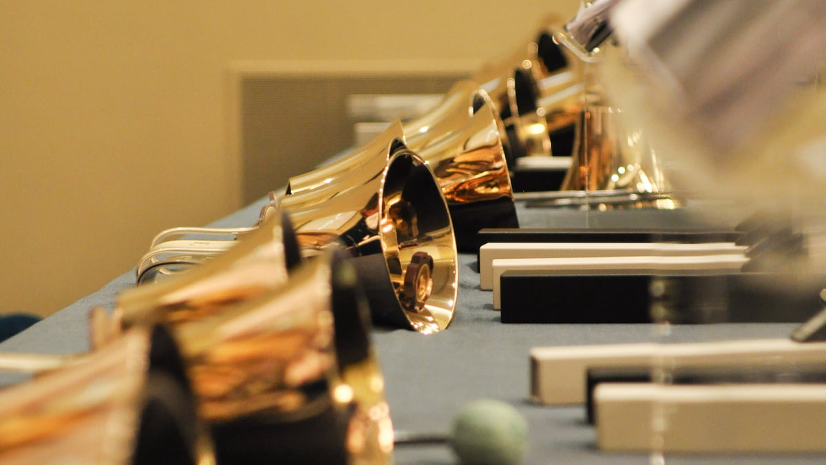 A set of handbells in the Ogden Tabernacle, a place used for Latter-day Saint church meetings.